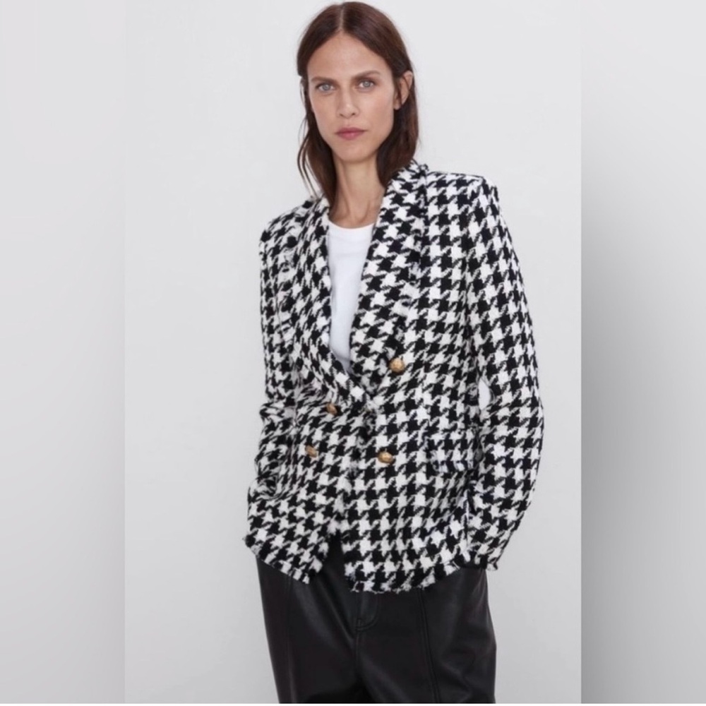 Zara Black & White Houndstooth Double-Breasted Blazer